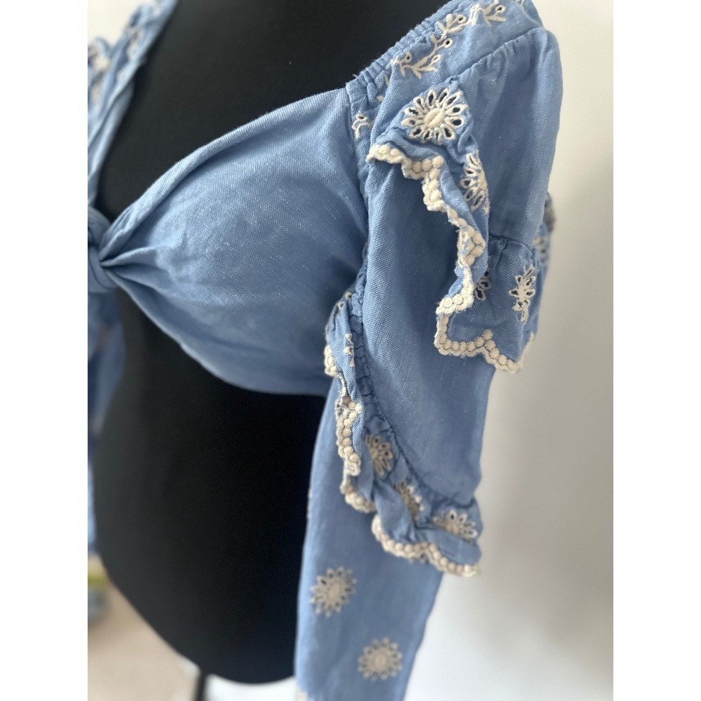 LoveShackFancy Blue Eyelet Ruffle Sleeve Tie Front Crop Top Blouse Large - Picture 6 of 9